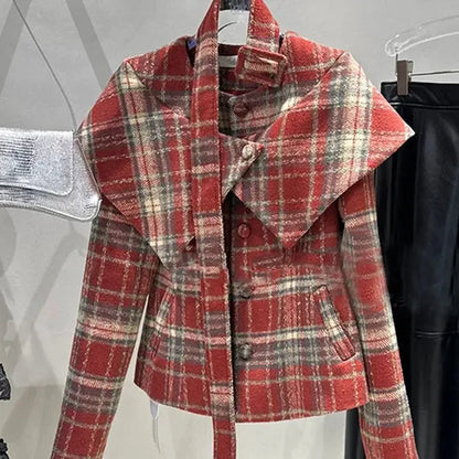 French Retro Plaid Wool Coat for Autumn/winter New High End Temperament Waist Cinching Strap Short Jackets Clothing