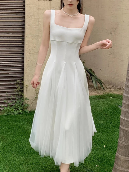 Summer Spring Fairy Dresses Mesh Patchwork Square Collar Sleeveless Evening Party Midi Dress Female Vestidos Robe