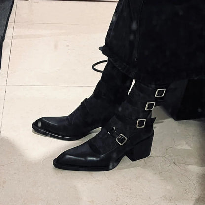 Leather Version Spicy Girl French Mary Jane Shoes Pointed Toe Thick Heel Boots Short Boots New Shoes