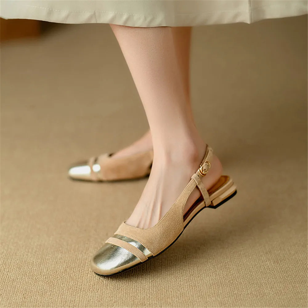 Classic Design Cow Leather Flats Shoes Slingbacks Summer Comfort Shoes Woman Round Toe Flats Shoes