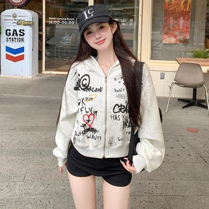 Y2k Hooded Sweatshirt Spring New Letter Print Zipper Jacket American Retro Crop Tops Female Coat