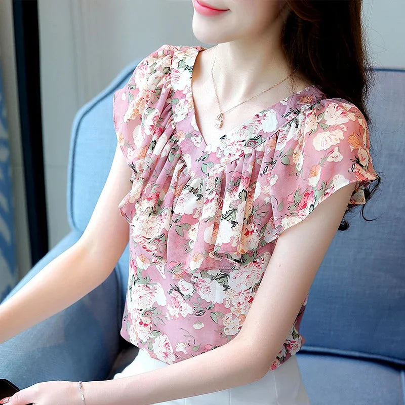 Summer Style Chiffon Blouses Shirts Lady Short Ruffles Sleeve V-neck Flower Printed Blusas Tops