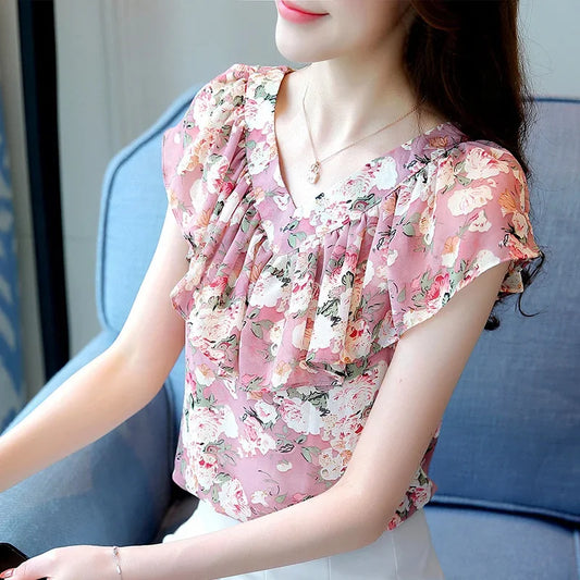 Summer Style Chiffon Blouses Shirts Lady Short Ruffles Sleeve V-neck Flower Printed Blusas Tops