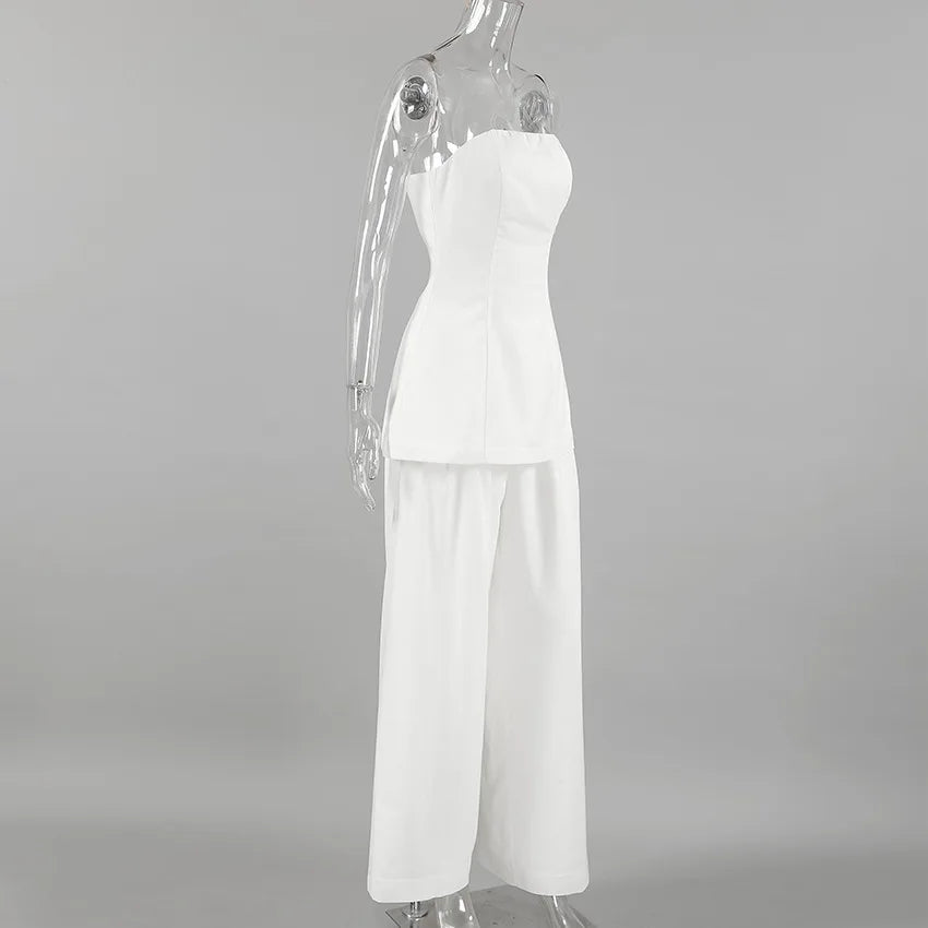 White Simple Wide Leg Pants Sets Summer New Off Shoulder Sleeveless Tube Tops Pants 2 Piece Set