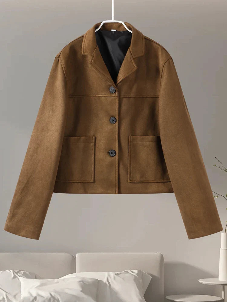 Retro Suede Female Blazer Jacket Lapel Single Breasted Long Sleeve Lady Short Coat Autumn Winter Pockets Lady Outwear