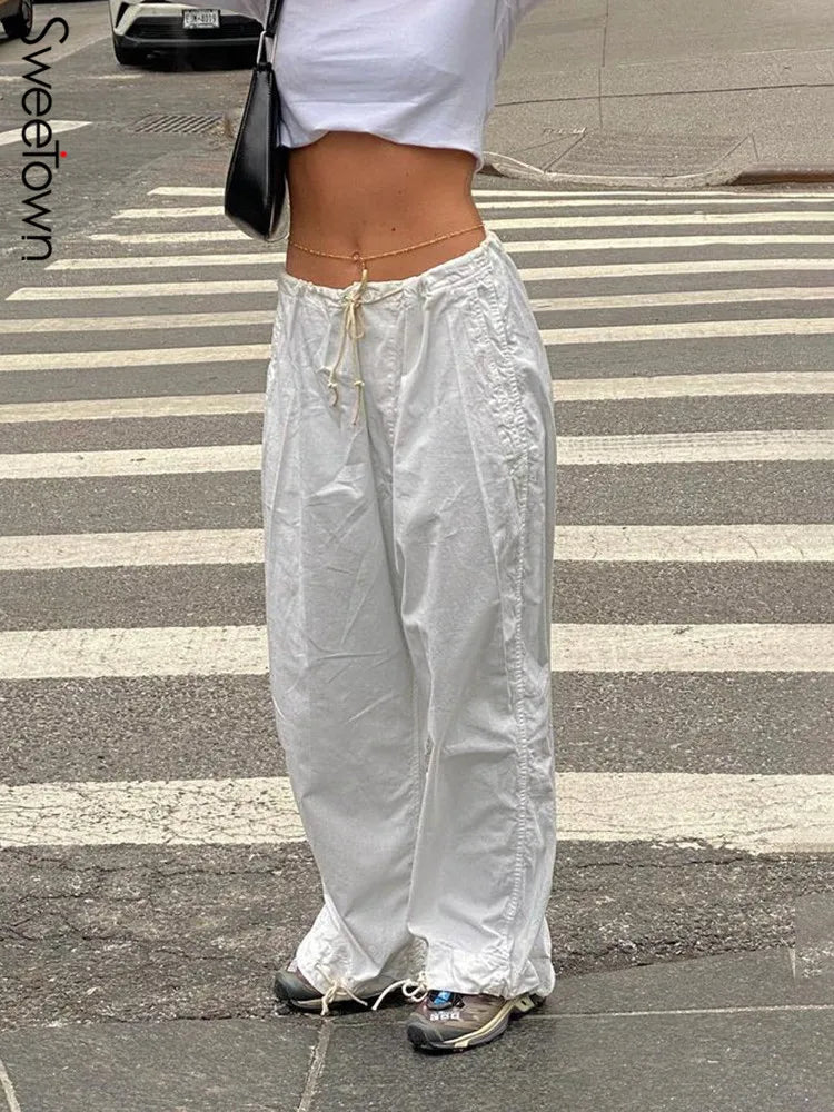 Baggy Wide Leg Sweatpants White Loose Drawstring Low Waist Cargo Pants Hippie Joggers Trousers