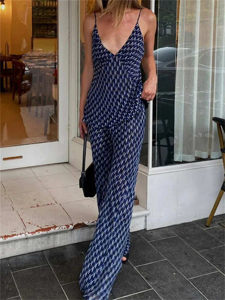 Printed ’s Pants Outfits V-neck Contrast Slim Pullover and Wide Leg Trousers 2 Piece-set Clothes Sets
