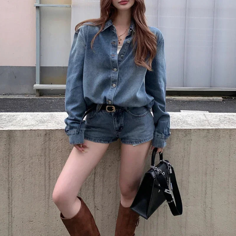 Autumn New Washed Distressed Denim Loose Longsleeved Shirt + Straight Pants Twopiece Suit