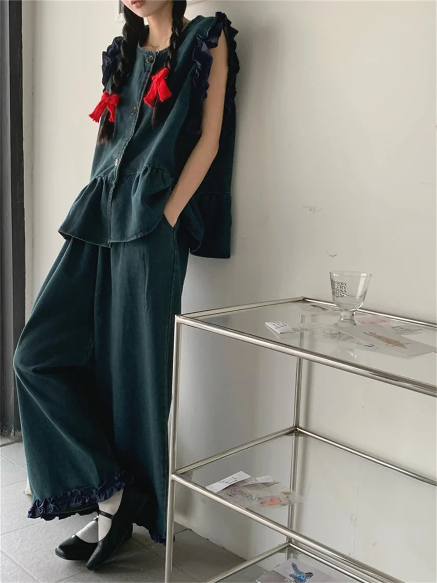 Sweet Denim Vest Coats Loose Wide Leg Jeans Sets Office Lady High Street Summer Suits