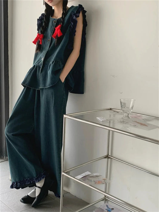 Sweet Denim Vest Coats Loose Wide Leg Jeans Sets Office Lady High Street Summer Suits
