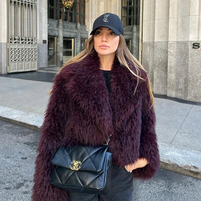 Winter Hot Iconic Blogger Burgundy Faux Fur Coat Overcoat Shawl Collar Lamb Fur Jacket