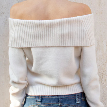 Color Off Shoulder Sweater Minimalism Long Sleeve Knitted Jumper Winter Pullovers Street