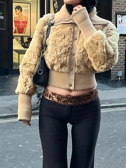 Fluffy Turn-down Collar Jacket S Autumn Winter New Slim Button Cropped Coat Retro