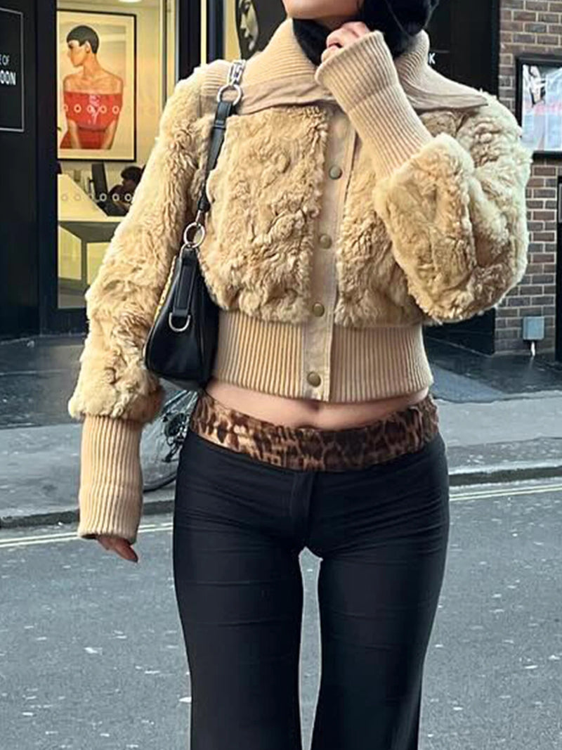 Fluffy Turn-down Collar Jacket S Autumn Winter New Slim Button Cropped Coat Retro