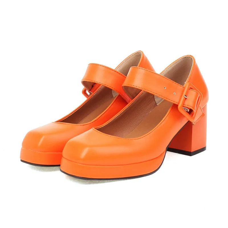 Classics High Heels Lolita Shoes Straps Mary Janes Shoes Female Red Orange White Pumps Party Wedding Shoes Size 45