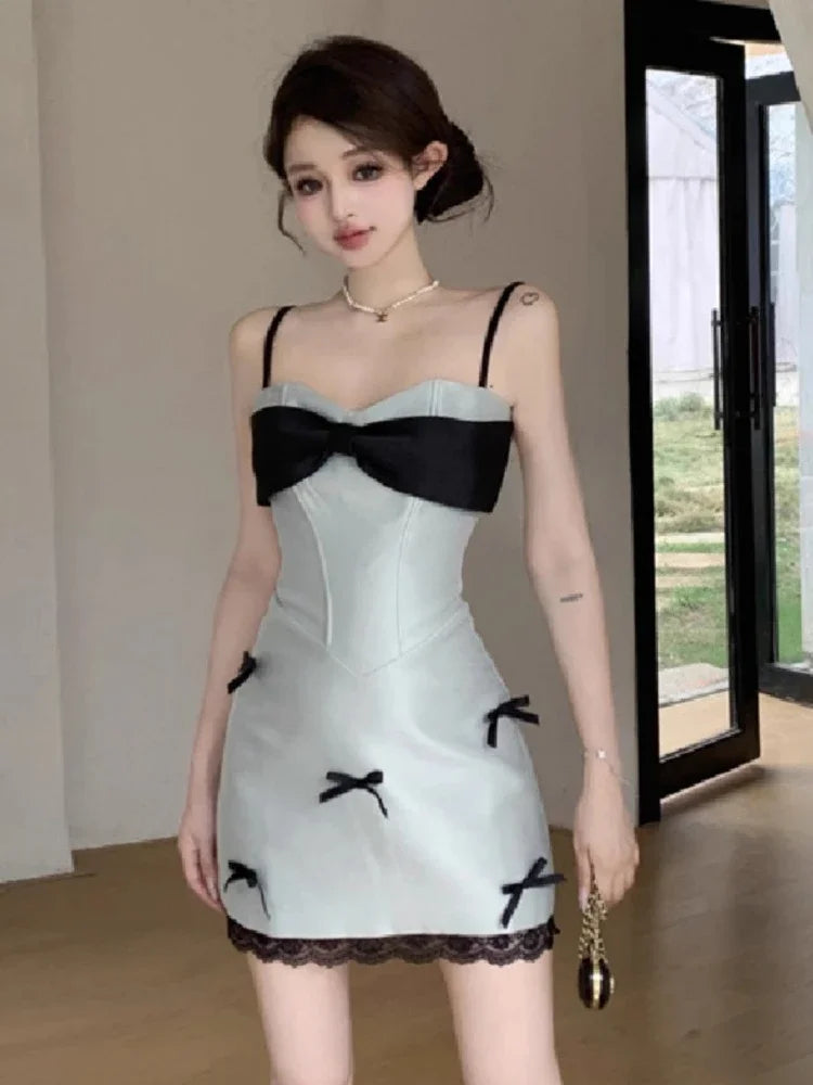 Wedding Party Evening Dresses Sleeveless Bowknot Lace Patchwork Backless Birthday Cocktail Mini Dress Prom