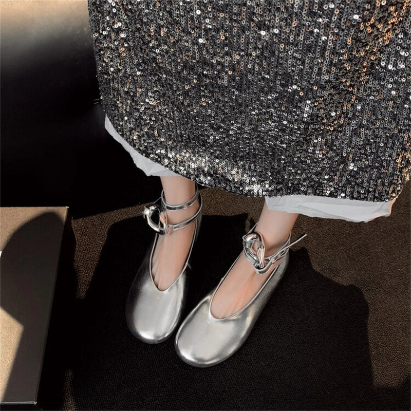 Sandals Mary Jane Flats Dupe Silver Black Gold Big Size Ankle Strap Round Toe Ballerinas Shoes