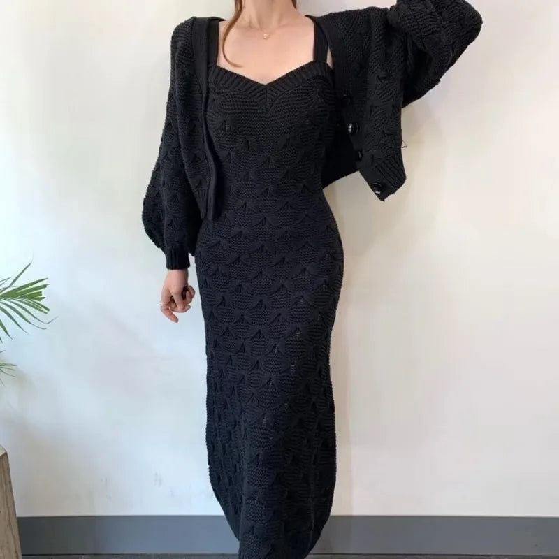 Sweet Hot Girl Suit Autumn and Winter Singlebreasted Lantern Sleeve Knitted Cardigan Slim Strap Dress Twopiece Set