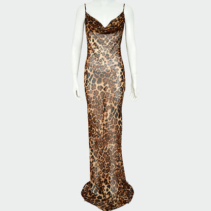 New Leopard Print See-through Suspender Dress Backless Sleeveless Long Dresses High Waist Lace-up Evening Dress