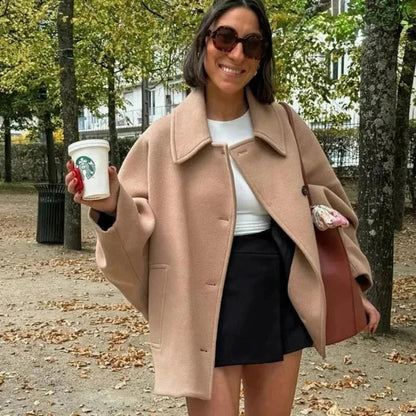 Diagonal Breasted Warm Loose Jacket Lapel Double Pocket Batwing Sleeve Coats Winter Female Outwear