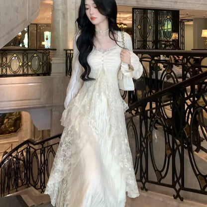 Autumn Winter New Midi Dresses for Lace Ruffles Flare Sleeve A-line Birthday Party Dress Korean Vestidos Mujer