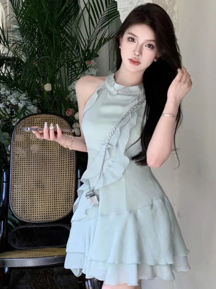 French Mini Dress Ruffles Slim Waist One Piece Clothes Chiffon Summer Outfits New Female Vestidos