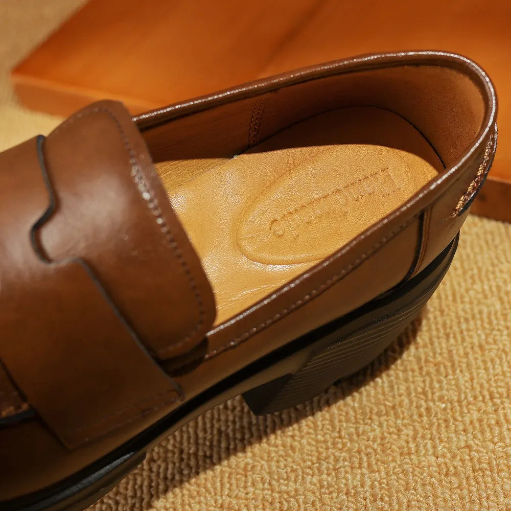 Genuine Leather Chunky Heel Platform Spring New Moccasins Round Toe Soft Comfortbale Loafers Shoes Hot