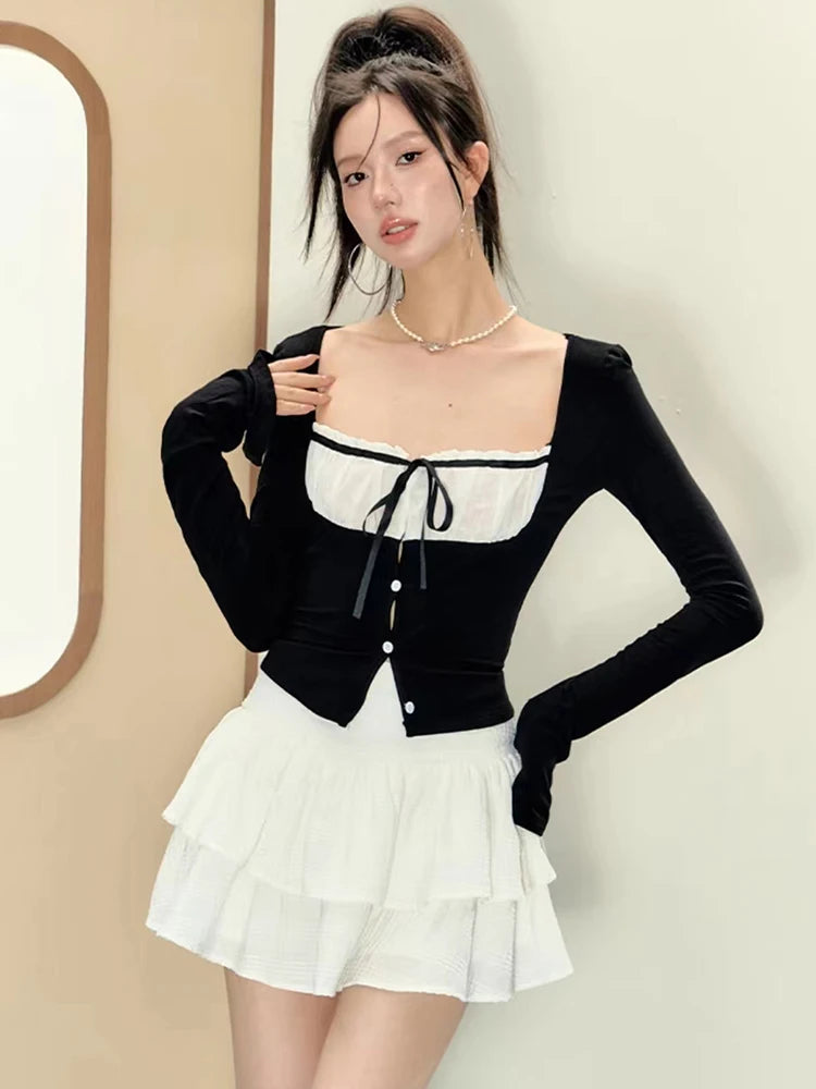 Korean Y2k Outfits 2 Piece Set Long Sleeve Square Collar Gyaru Tops + Tide Mini Tierred Ruffles Skirts