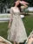 Summer New Chinese Style Midi Dresses for Printed V-neck Puff Sleeve A-line Dress One Piece Vestido