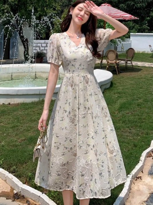 Summer New Chinese Style Midi Dresses for Printed V-neck Puff Sleeve A-line Dress One Piece Vestido