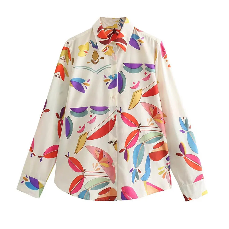 Spring Suit Printed Lapel Long Sleeves Single Breasted Shirts Female Elastic Waist Wide Leg Pants