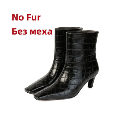 Stone Pattern Leather High Heels Autumn Winter Short Shoes Office Lady Party Dancing Shoes Ankle Boots
