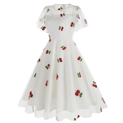New Retro Pink Strawberry Mesh Birthday Long Dress 50s Flare Sleeve Summer Prom Evening Party Dresses