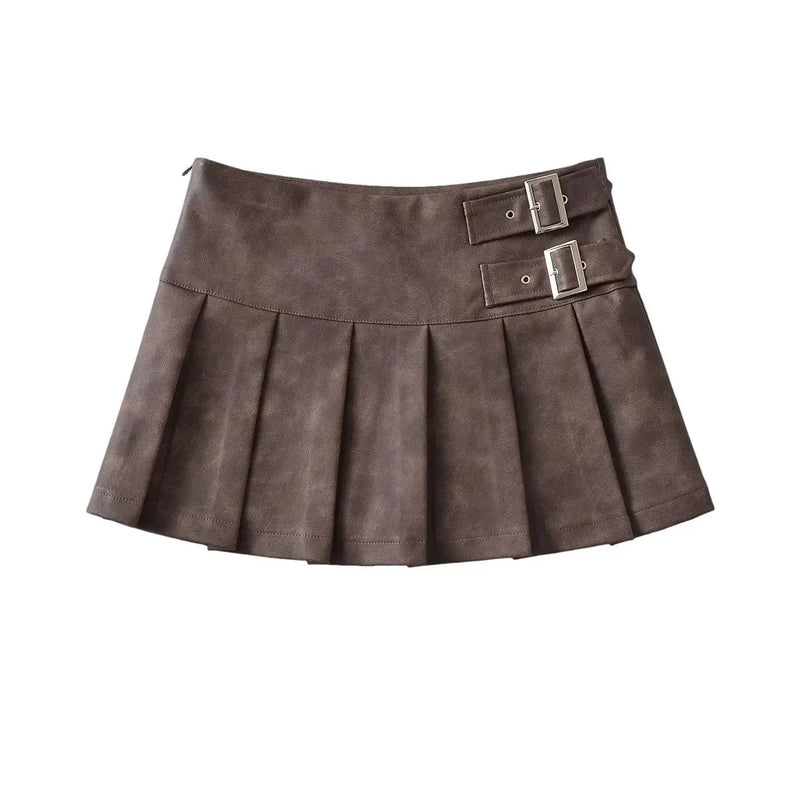 Korean Retro High Street Pu Leather Low Waist Pleated Short Skirt Skirt