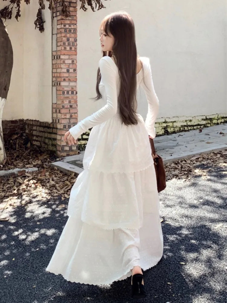 Autumn Cake Long Dress for Long Sleeve Oneck Aline Party Dresses One Piece Vestidos Robe