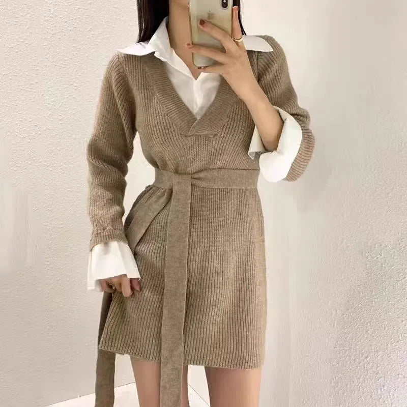 Korean Mini Dresses Turn-down Collar Long Sleeve Shirt Patchwork Autumn Winter Knitted Dress Vestidos