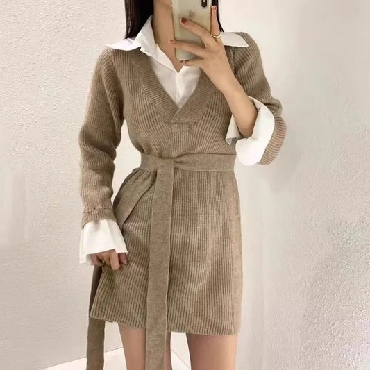 Korean Mini Dresses Turn-down Collar Long Sleeve Shirt Patchwork Autumn Winter Knitted Dress Vestidos