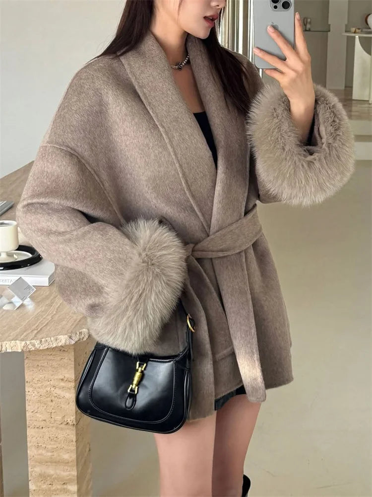 Fox Fur Wool Overcoat ’s Short Coat Office Lady Double-sided Woolen Coat New Cardigan Jackets Loose