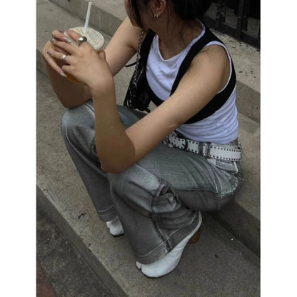 Bleached Distressed Jeans Spring New High Waist Multibutton Loose Denim Wide Leg Pants