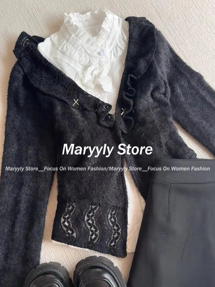 Autumn Y2k Gothic Outfits Long Sleeve Cardigan Coat + Ruched Hollow Out Shirts+ Lace High Waist Mini Skirts 3 Piece Sets
