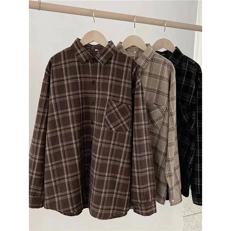Oversized Plaid Shirts Long Sleeve Blouses Harajuku Korean Pocket Loose All Match Tops New