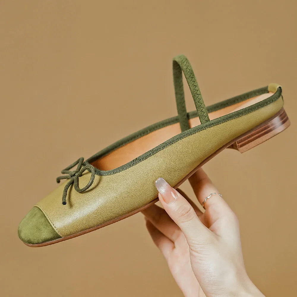 Genuine Leather Mix Color Pathcwork Round Toe Slipon Flats Summer Mules Leisure Soft Comfortable Shoes