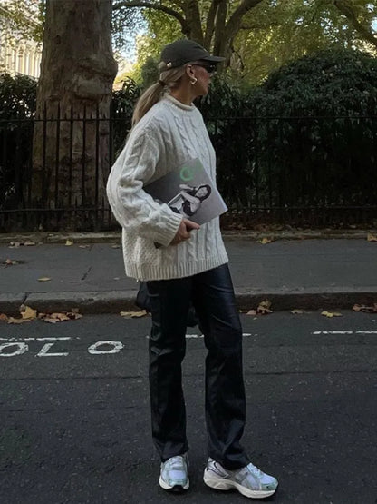 Knitted Long Sleeve Sweaters Loose White Half High Neck Pullover Sweater Female Autumn Simple High Street Tops