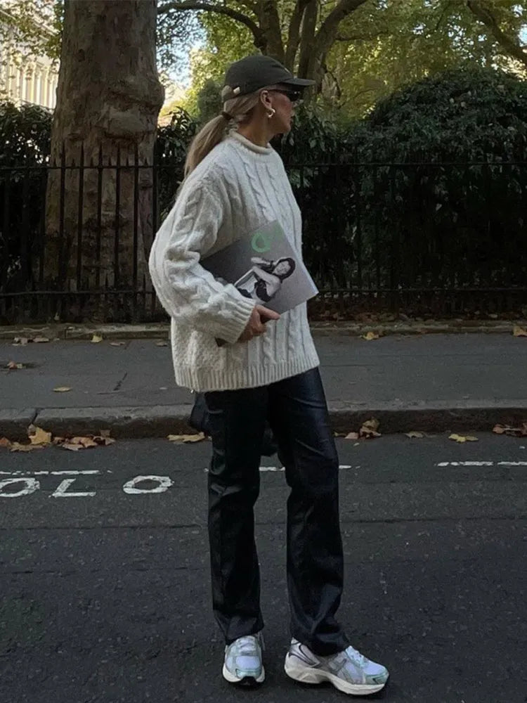 Knitted Long Sleeve Sweaters Loose White Half High Neck Pullover Sweater Female Autumn Simple High Street Tops