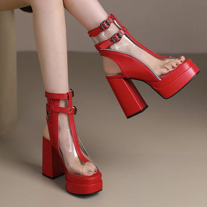 Brand Designer Thick Platform 12cm Super High Heels Ankle Boots Peep Toe Transparent Belt Buckle Slingback Shoes