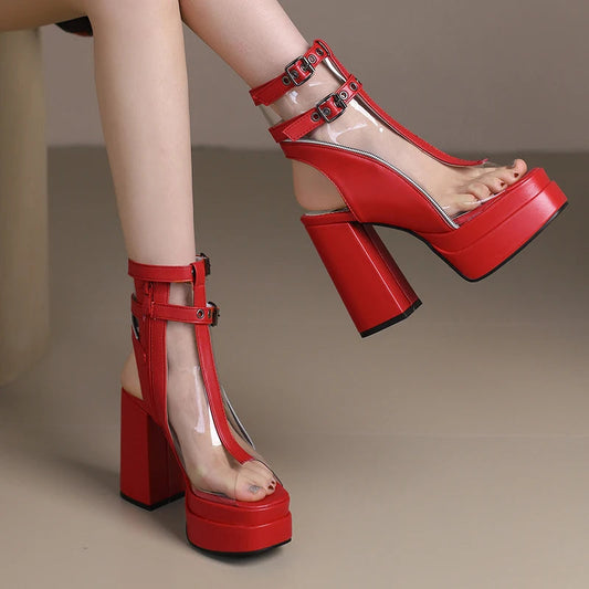 Brand Designer Thick Platform 12cm Super High Heels Ankle Boots Peep Toe Transparent Belt Buckle Slingback Shoes