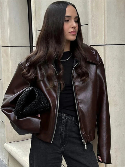 High Street Loose Female Pu Coat Zipper Slim High Waist Long Sleeve Patchwork Clothes Autumn Outwear