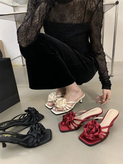 Red Rose Handmade Flower Sandal Heels Summer New Wedding Shoes Bride Shoes Design Pumps