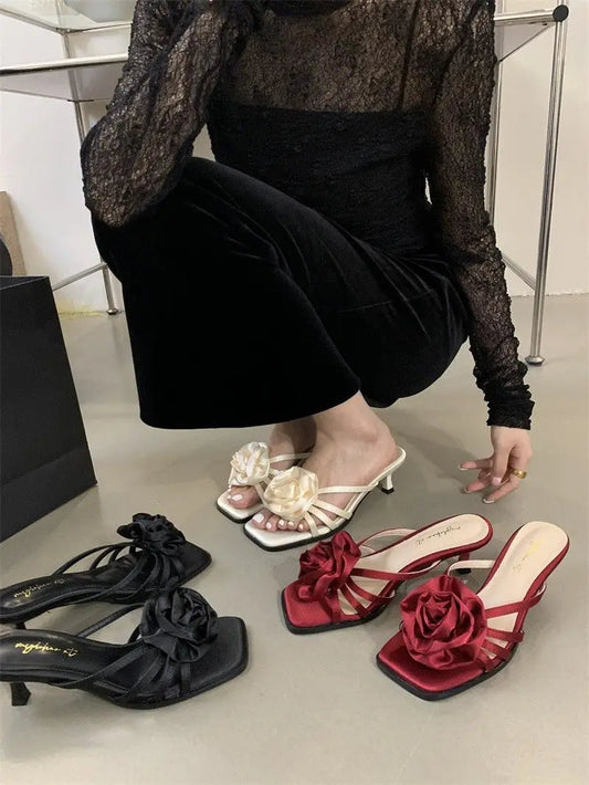 Red Rose Handmade Flower Sandal Heels Summer New Wedding Shoes Bride Shoes Design Pumps