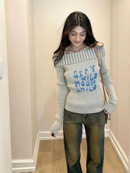 Y2k Off Shoulder Sweater Letter Graphic Korean Tops Gothic Grunge Long Sleeve Slim Knitwear Winter Clothes